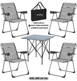 4 Adet Katlanır Kamp Sandalyesi ve Alüminyum Masa Seti - Rock Dark - Kül Gri - Taşıma Çantalı