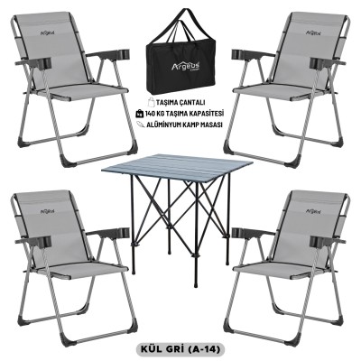 4 Adet Katlanır Kamp Sandalyesi ve Alüminyum Masa Seti - Rock Dark - Kül Gri - Taşıma Çantalı