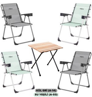4 Adet Katlanır Kamp Sandalyesi ve Masa Seti - Rock - Kül Gri / Su Yeşili - Bardaklıklı - 140 KG