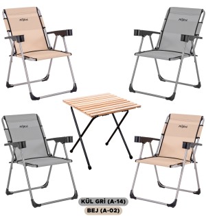 4 Adet Katlanır Kamp Sandalyesi ve Masa Seti - Rock - Kül Gri / Bej - Bardaklıklı - 140 KG
