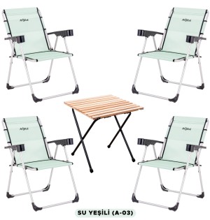 4 Adet Katlanır Kamp Sandalyesi ve Masa Seti - Rock - Su Yeşili - Bardaklıklı - 140 KG