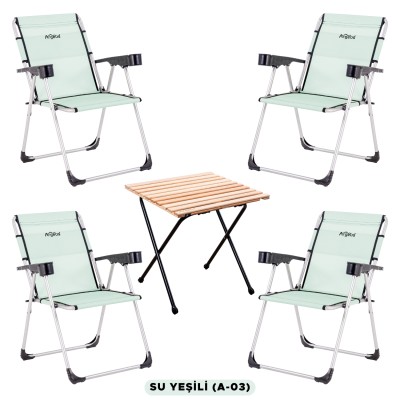 4 Adet Katlanır Kamp Sandalyesi ve Masa Seti - Rock - Su Yeşili - Bardaklıklı - 140 KG
