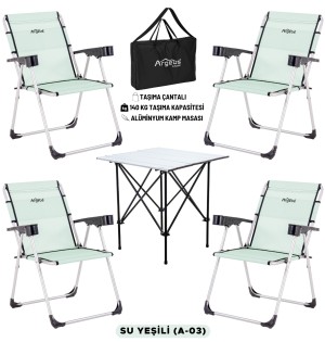 4 Adet Katlanır Kamp Sandalyesi ve Alüminyum Masa Seti - Rock Silver - Su Yeşili - Taşıma Çantalı