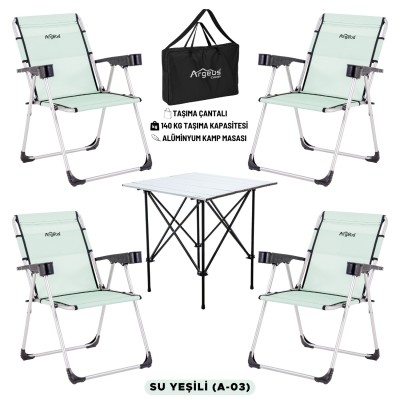 4 Adet Katlanır Kamp Sandalyesi ve Alüminyum Masa Seti - Rock Silver - Su Yeşili - Taşıma Çantalı