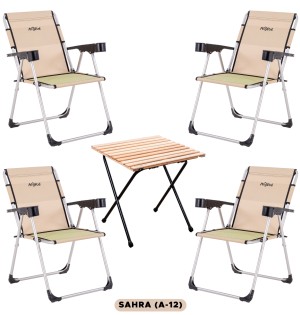 4 Adet Katlanır Kamp Sandalyesi ve Masa Seti - Rock - Sahra - Bardaklıklı - 140 KG