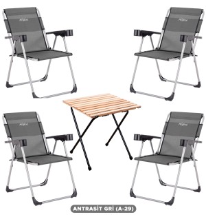 4 Adet Katlanır Kamp Sandalyesi ve Masa Seti - Rock - Antrasit - Bardaklıklı - 140 KG