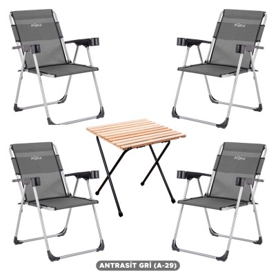 4 Adet Katlanır Kamp Sandalyesi ve Masa Seti - Rock - Antrasit - Bardaklıklı - 140 KG 4 Adet Katlanır Kamp Sandalyesi ve Masa Seti - Rock - Antrasit - Bardaklıklı - 140 KG