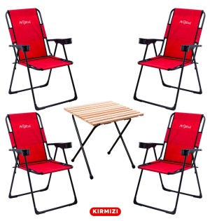 4 Adet Katlanır Kamp Sandalyesi ve Masa Seti - Rest - Kırmızı - 130 KG Taşıma
