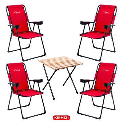 4 Adet Katlanır Kamp Sandalyesi ve Masa Seti - Rest - Kırmızı - 130 KG Taşıma
