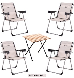 4 Adet Katlanır Kamp Sandalyesi ve Masa Seti - Rock - Bozkır - Bardaklıklı - 140 KG