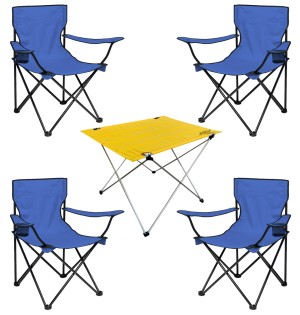 4 Adet Katlanır Kamp Sandalyesi ve Masa Seti - (DY.001) - Lacivert/Sarı - Plaj Sandalyesi