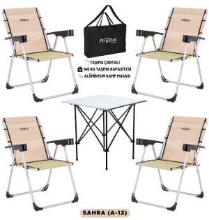 4 Adet Katlanır Kamp Sandalyesi ve Alüminyum Masa Seti - Rock Silver - Sahra - Taşıma Çantalı