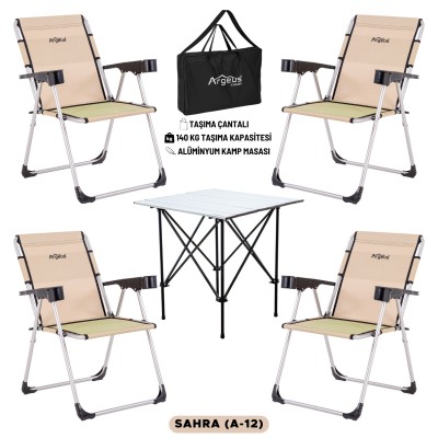 4 Adet Katlanır Kamp Sandalyesi ve Alüminyum Masa Seti - Rock Silver - Sahra - Taşıma Çantalı