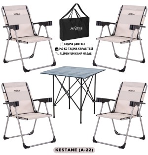 4 Adet Katlanır Kamp Sandalyesi ve Alüminyum Masa Seti - Rock Dark - Kestane - Taşıma Çantalı