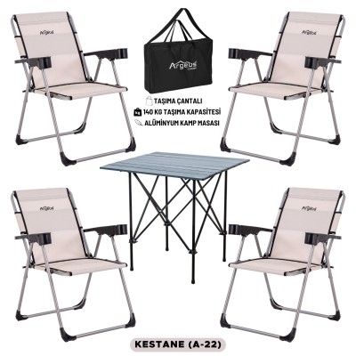 4 Adet Katlanır Kamp Sandalyesi ve Alüminyum Masa Seti - Rock Dark - Kestane - Taşıma Çantalı