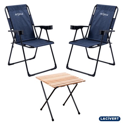 Lacivert Kamp Sandalyesi ve Katlanabilir Ahşap Görünümlü Masa Seti | Outdoor Set