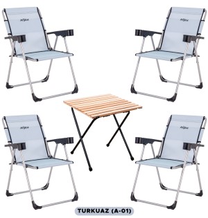 4 Adet Katlanır Kamp Sandalyesi ve Masa Seti - Rock - Turkuaz - Bardaklıklı - 140 KG