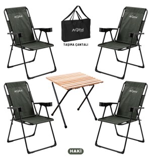 4 Adet Katlanır Kamp Sandalyesi ve Masa Seti - Rest - Taşıma Çantalı - Haki - 130 KG Taşıma