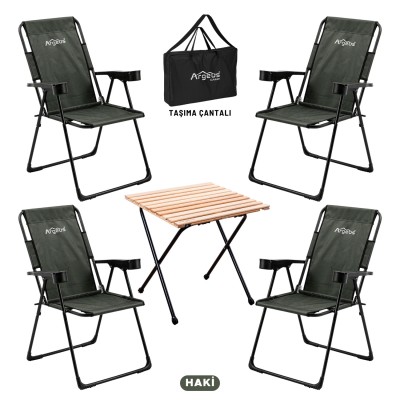 4 Adet Katlanır Kamp Sandalyesi ve Masa Seti - Rest - Taşıma Çantalı - Haki - 130 KG Taşıma