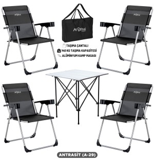 4 Adet Katlanır Kamp Sandalyesi ve Alüminyum Masa Seti - Rock Silver - Antrasit - Taşıma Çantalı