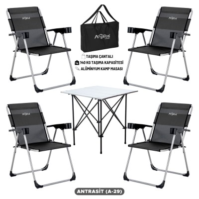 4 Adet Katlanır Kamp Sandalyesi ve Alüminyum Masa Seti - Rock Silver - Antrasit - Taşıma Çantalı