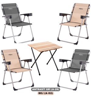 4 Adet Katlanır Kamp Sandalyesi ve Masa Seti - Rock - Bej/Antrasit - Bardaklıklı - 140 KG