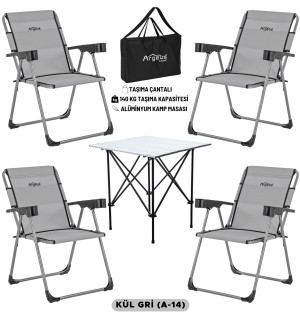 4 Adet Katlanır Kamp Sandalyesi ve Alüminyum Masa Seti - Rock Silver - Kül Gri - Taşıma Çantalı