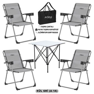 4 Adet Katlanır Kamp Sandalyesi ve Alüminyum Masa Seti - Rock Silver - Kül Gri - Taşıma Çantalı