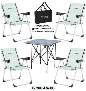 4 Adet Katlanır Kamp Sandalyesi ve Alüminyum Masa Seti - Rock Dark - Su Yeşili - Taşıma Çantalı