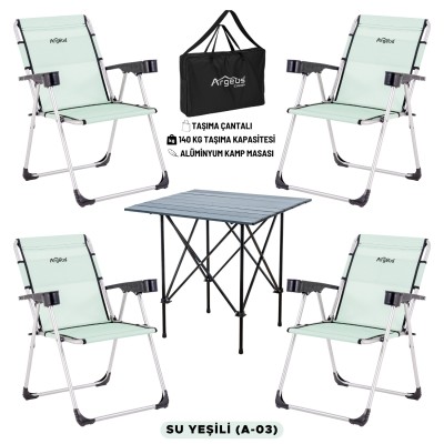 4 Adet Katlanır Kamp Sandalyesi ve Alüminyum Masa Seti - Rock Dark - Su Yeşili - Taşıma Çantalı