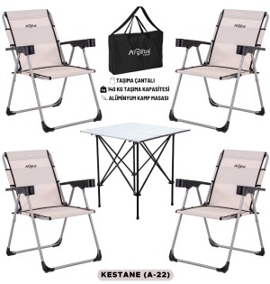 4 Adet Katlanır Kamp Sandalyesi ve Alüminyum Masa Seti - Rock Silver - Kestane - Taşıma Çantalı