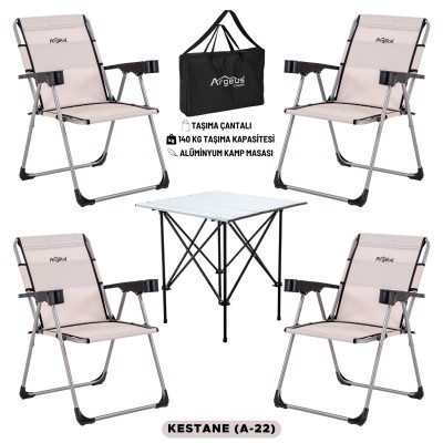 4 Adet Katlanır Kamp Sandalyesi ve Alüminyum Masa Seti - Rock Silver - Kestane - Taşıma Çantalı
