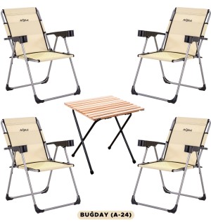 4 Adet Katlanır Kamp Sandalyesi ve Masa Seti - Rock - Buğday - Bardaklıklı - 140 KG