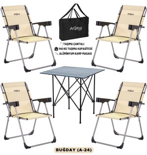 4 Adet Katlanır Kamp Sandalyesi ve Alüminyum Masa Seti - Rock Dark - Buğday - Taşıma Çantalı