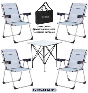 4 Adet Katlanır Kamp Sandalyesi ve Alüminyum Masa Seti - Rock Silver - Turkuaz - Taşıma Çantalı
