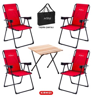 4 Adet Katlanır Kamp Sandalyesi ve Masa Seti - Rest - Taşıma Çantalı - Kırmızı - 130 KG Taşıma