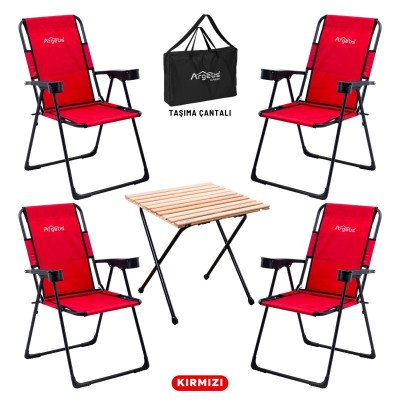 4 Adet Katlanır Kamp Sandalyesi ve Masa Seti - Rest - Taşıma Çantalı - Kırmızı - 130 KG Taşıma