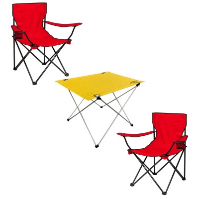 2 Adet Katlanır Kamp Sandalyesi ve Masa Seti - (DY.001) - Kırmızı/Sarı - Plaj Sandalyesi