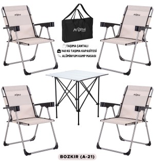 4 Adet Katlanır Kamp Sandalyesi ve Alüminyum Masa Seti - Rock Silver - Bozkır - Taşıma Çantalı