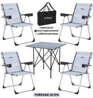 4 Adet Katlanır Kamp Sandalyesi ve Alüminyum Masa Seti - Rock Dark - Turkuaz - Taşıma Çantalı