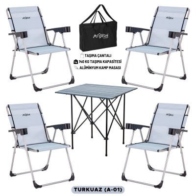 Turkuaz Rengi Taşıma Çantalı 4’lü Kamp Sandalyesi ve Alüminyum Masa Seti