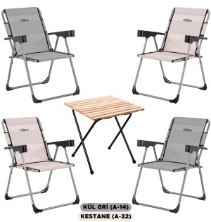 4 Adet Katlanır Kamp Sandalyesi ve Masa Seti - Rock - Kül Gri / Kestane - Bardaklıklı - 140 KG