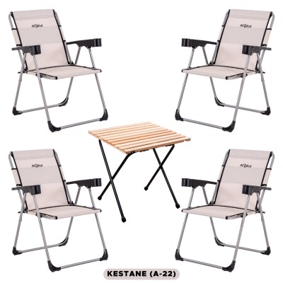 4 Adet Katlanır Kamp Sandalyesi ve Masa Seti - Rock - Kestane - Bardaklıklı - 140 KG
