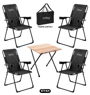 4 Adet Katlanır Kamp Sandalyesi ve Masa Seti - Rest - Taşıma Çantalı - Siyah - 130 KG Taşıma