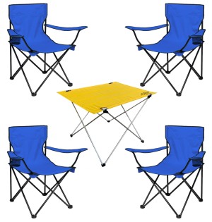 4 Adet Katlanır Kamp Sandalyesi ve Masa Seti - (DY.001) - Mavi/Sarı - Plaj Sandalyesi