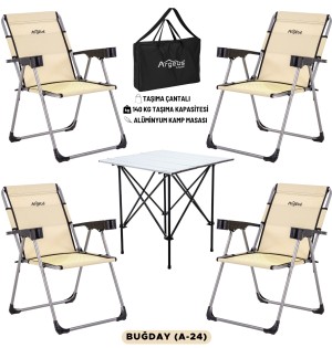 4 Adet Katlanır Kamp Sandalyesi ve Alüminyum Masa Seti - Rock Silver - Buğday - Taşıma Çantalı