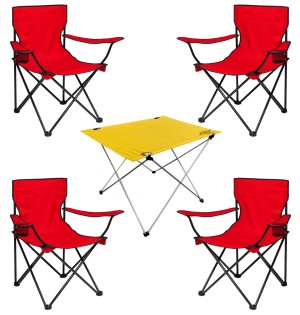 4 Adet Katlanır Kamp Sandalyesi ve Masa Seti - (DY.001) - Kırmızı/Sarı - Plaj Sandalyesi