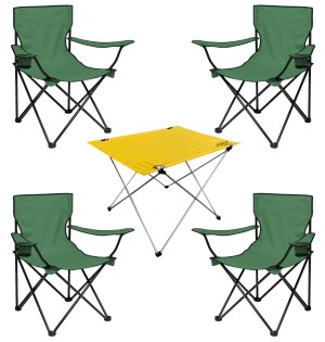 4 Adet Katlanır Kamp Sandalyesi ve Masa Seti - (DY.001) - Haki/Sarı - Plaj Sandalyesi