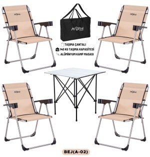 4 Adet Katlanır Kamp Sandalyesi ve Alüminyum Masa Seti - Rock Silver - Bej - Taşıma Çantalı