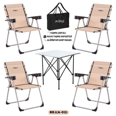 4 Adet Katlanır Kamp Sandalyesi ve Alüminyum Masa Seti - Rock Silver - Bej - Taşıma Çantalı 4 Adet Katlanır Kamp Sandalyesi ve Alüminyum Masa Seti - Rock Silver - Bej - Taşıma Çantalı